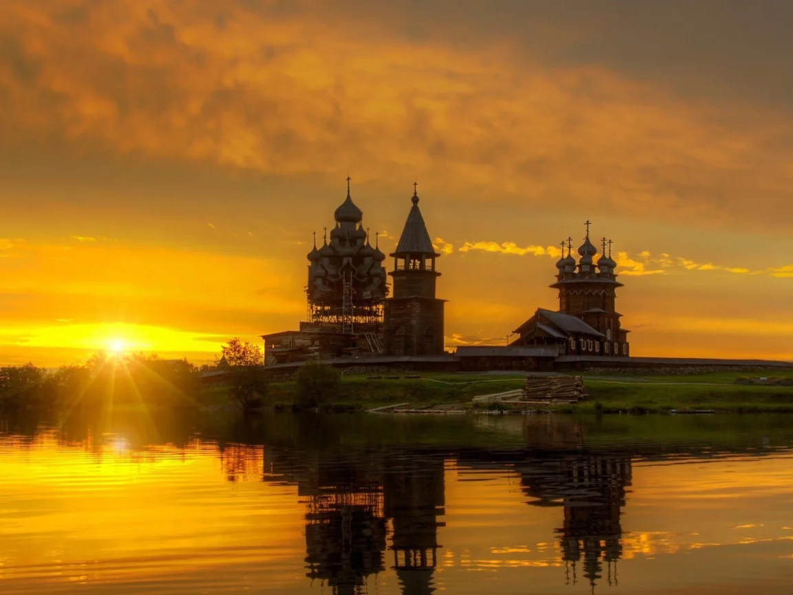 кижи, россия, закат, вода, музей, церковь, небо, солнце