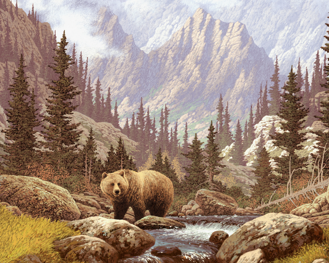 лес, горы, трава, медведь, живопись, камни, река, картина