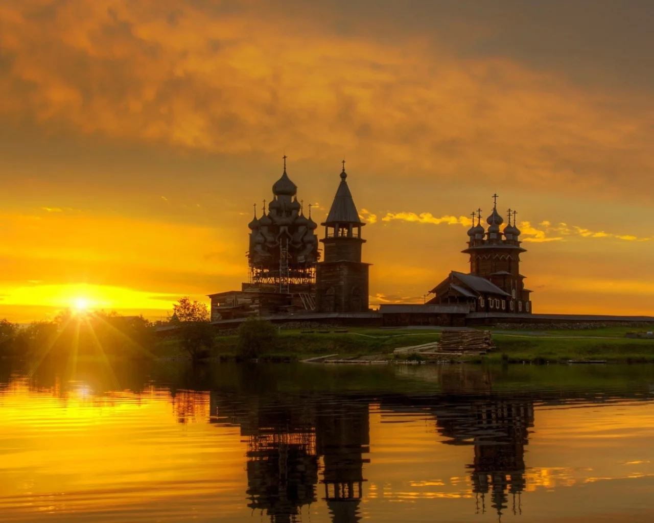 кижи, россия, закат, вода, музей, церковь, небо, солнце