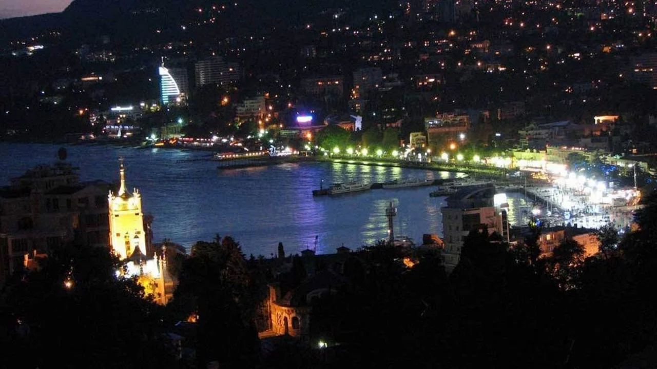 ялта, ночной, порт, набережная