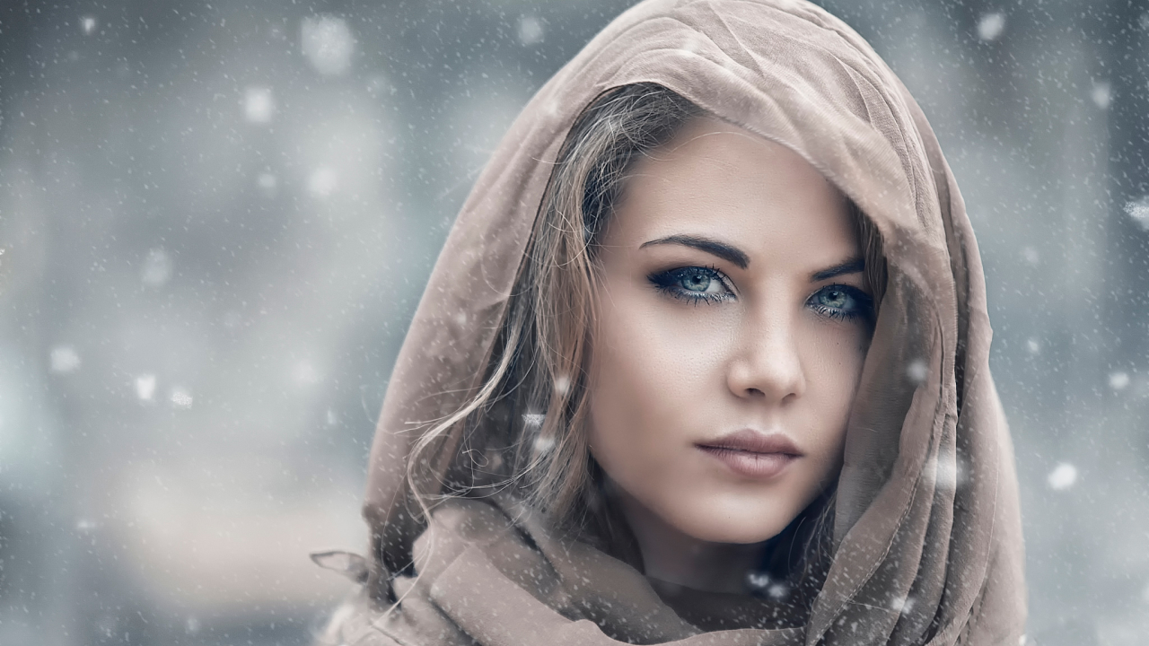 девушка, глаза, взгляд, платок, красивая, снег
