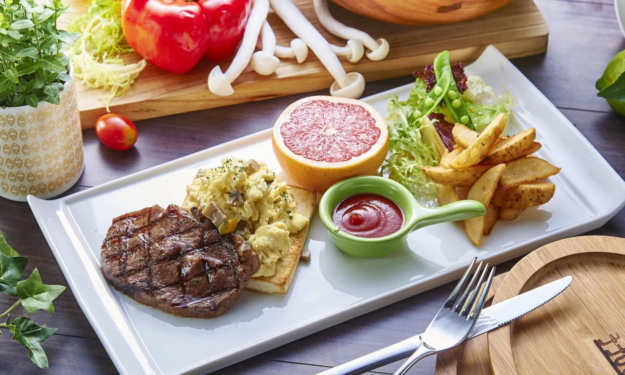 овощи, грибы, салат, картофель, гриль, грейпфрут, соус, мясо, ассорти