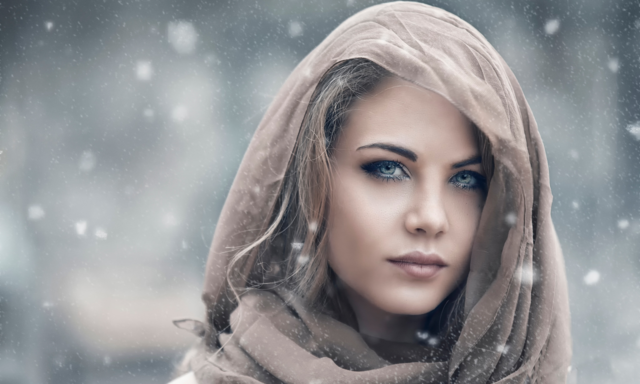 девушка, глаза, взгляд, платок, красивая, снег