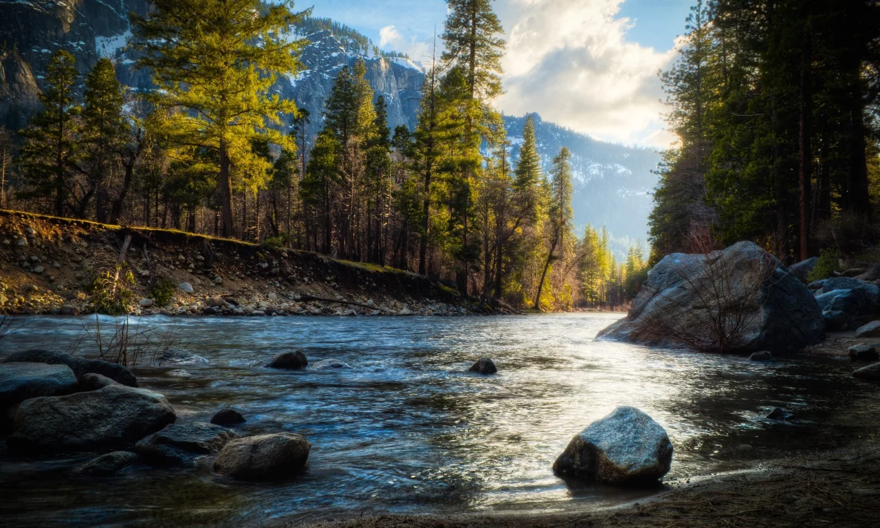 река, горы, лес, деревья, камни, небо, вода