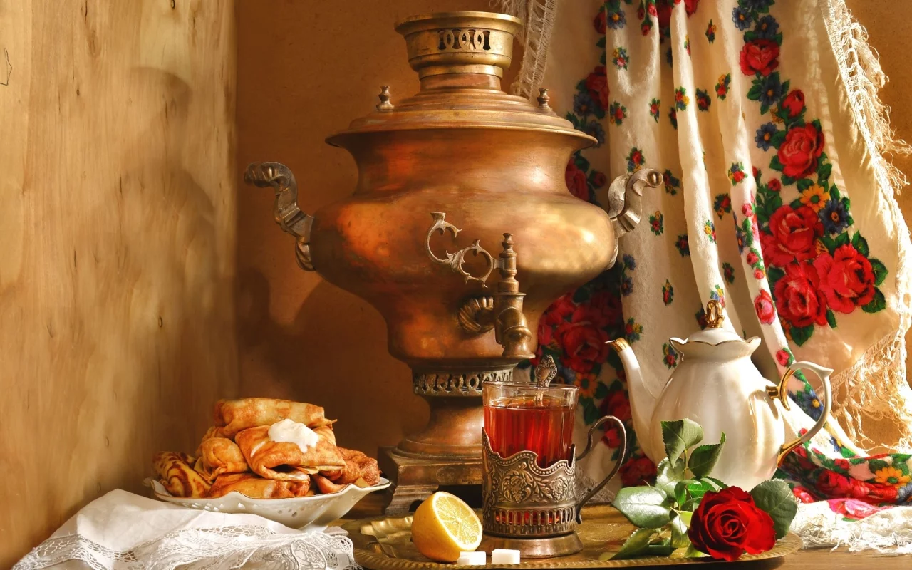 натюрморт, самовар, платок, блины, асленица, этно, чай, лимон, чайник, роза
