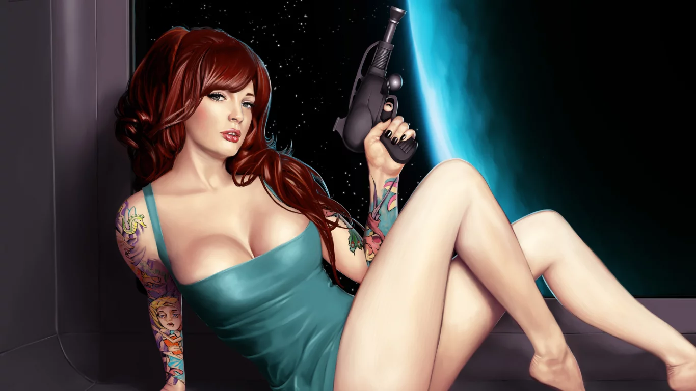 abe in space, девушка, космос, оружие, бластер, арт, татуировки, тесное, платье