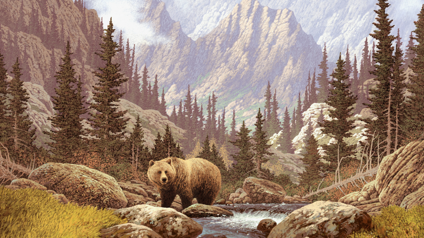 лес, горы, трава, медведь, живопись, камни, река, картина