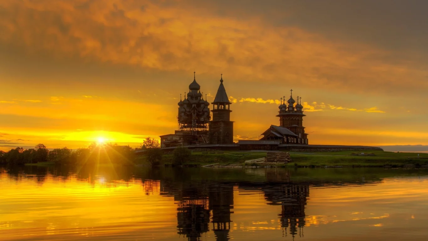 кижи, россия, закат, вода, музей, церковь, небо, солнце