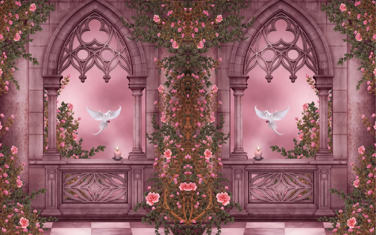 doves, roses, columns, arches, pigeons, flowers, candles, garlands, rose garden