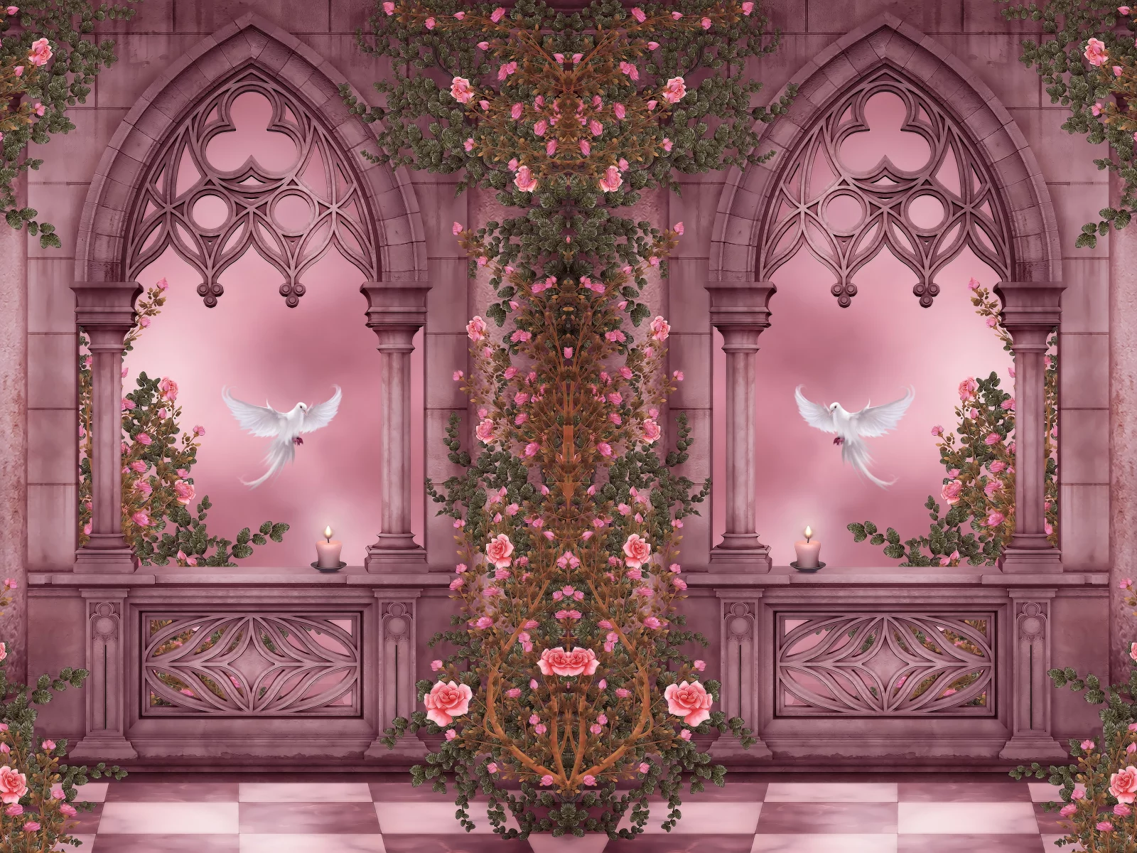 doves, roses, columns, arches, pigeons, flowers, candles, garlands, rose garden