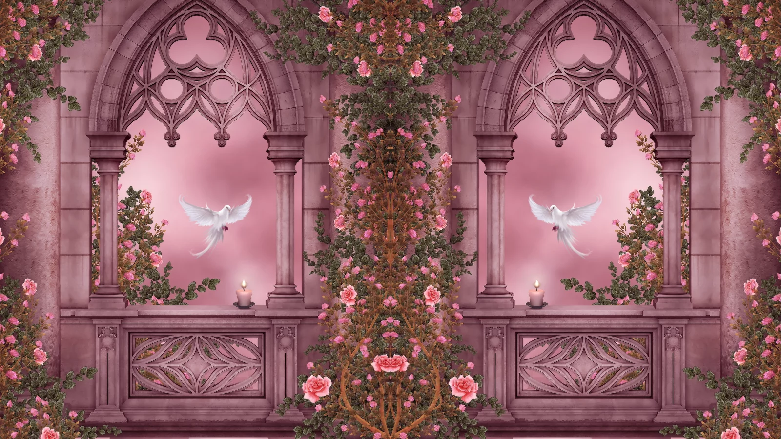 doves, roses, columns, arches, pigeons, flowers, candles, garlands, rose garden