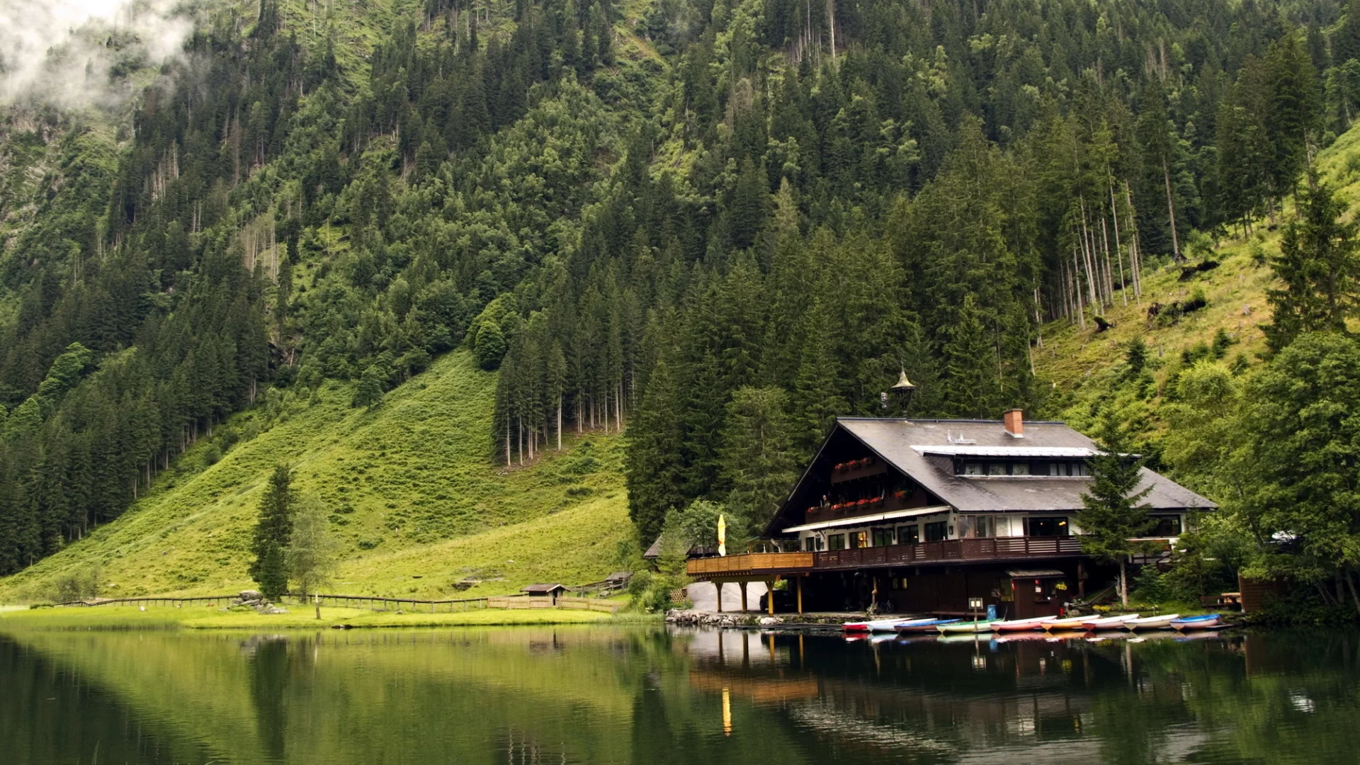 boats, lake, mountains, forest, house