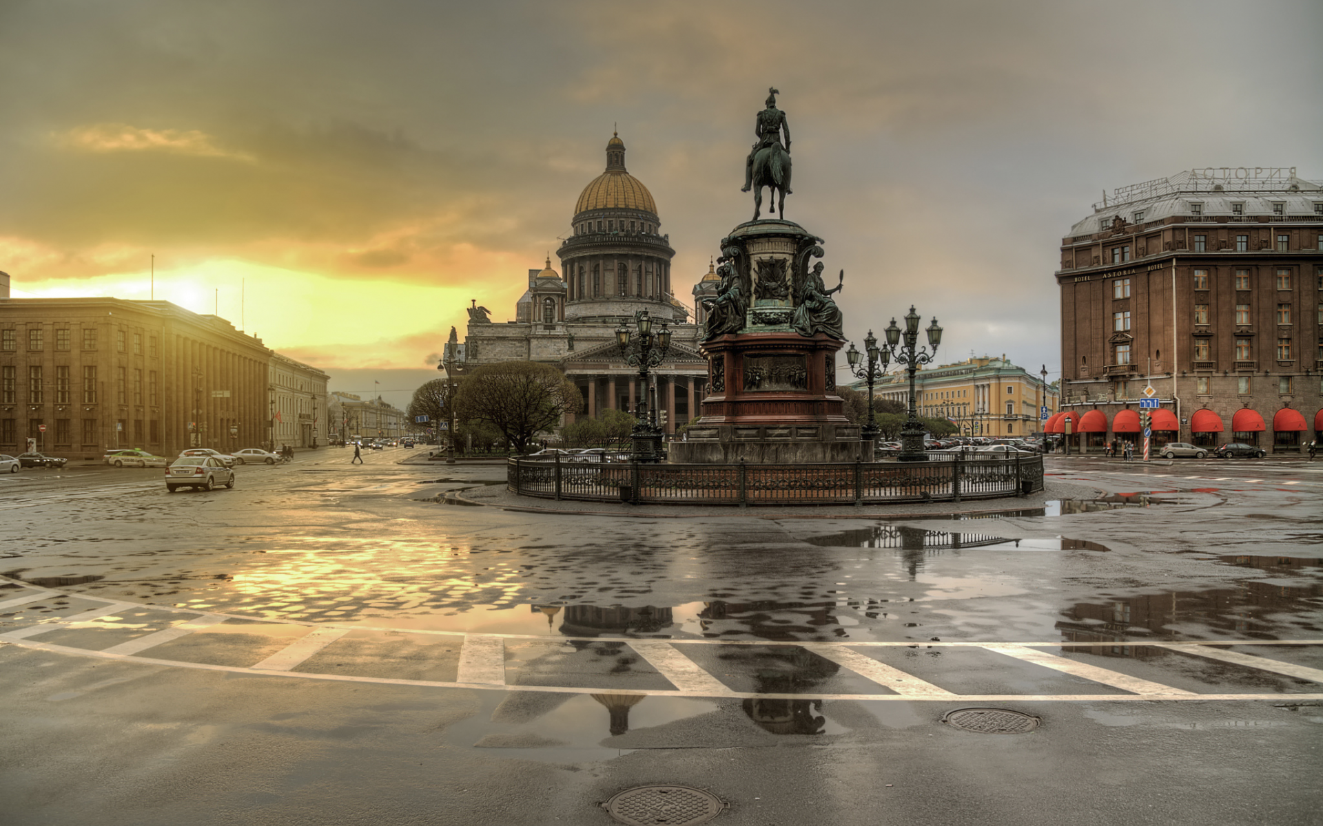 россия, питер, дождь, площадь, памятник, николай 1, исаакиевский собор, лужи