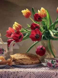 натюрморт, букет, тюльпаны, блины, сметана, чашка, чайник
