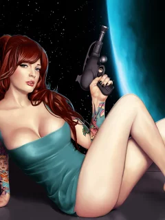 abe in space, девушка, космос, оружие, бластер, арт, татуировки, тесное, платье