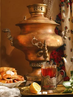 натюрморт, самовар, платок, блины, асленица, этно, чай, лимон, чайник, роза