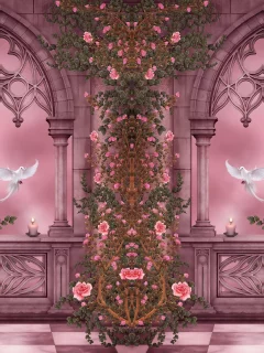 doves, roses, columns, arches, pigeons, flowers, candles, garlands, rose garden