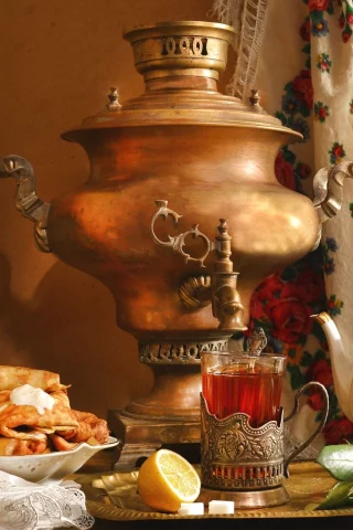 натюрморт, самовар, платок, блины, асленица, этно, чай, лимон, чайник, роза