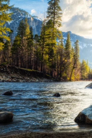 река, горы, лес, деревья, камни, небо, вода