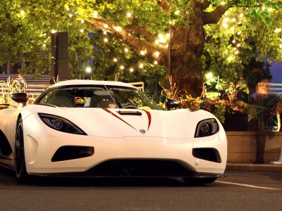 дерево, свет, koenigsegg, белый, гирлянда, гиперкар, agera r