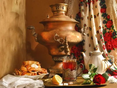 натюрморт, самовар, платок, блины, асленица, этно, чай, лимон, чайник, роза
