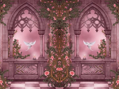 doves, roses, columns, arches, pigeons, flowers, candles, garlands, rose garden