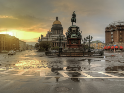россия, питер, дождь, площадь, памятник, николай 1, исаакиевский собор, лужи
