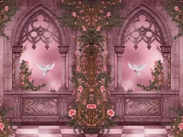 doves, roses, columns, arches, pigeons, flowers, candles, garlands, rose garden