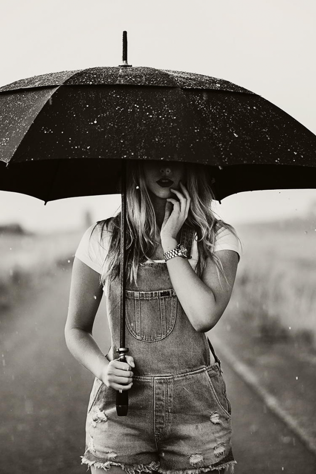 белое, зонт, фото, дождь, девушка, чёрно