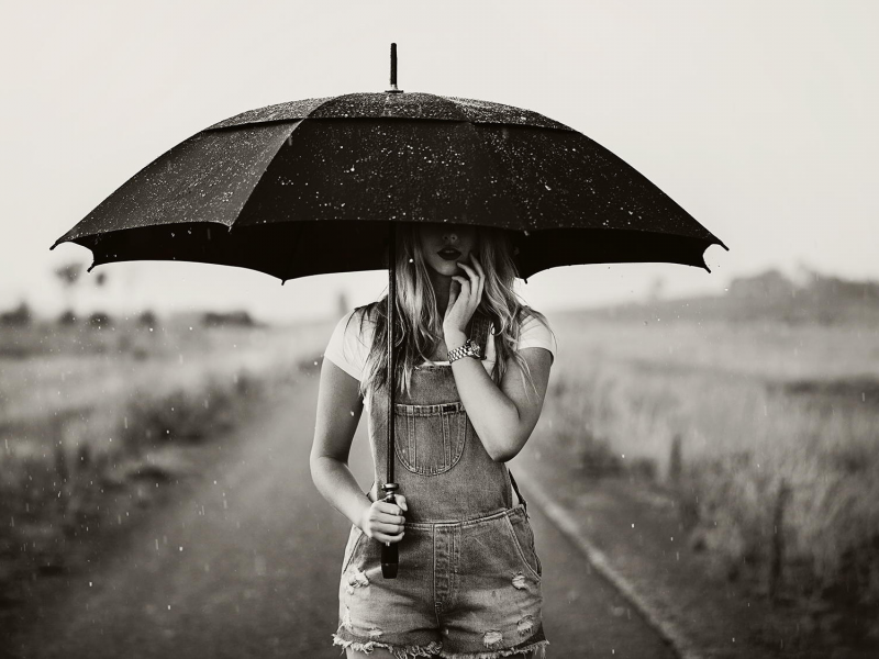 белое, зонт, фото, дождь, девушка, чёрно