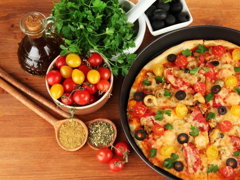маслины, еда, пицца, помидоры, оливки, блюдо, петрушка