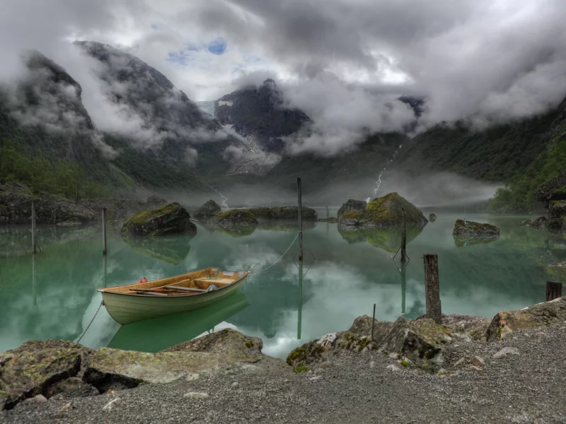 горы, lake, norway, туман, лодка, bondhus, озеро