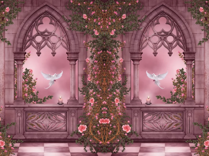 doves, roses, columns, arches, pigeons, flowers, candles, garlands, rose garden