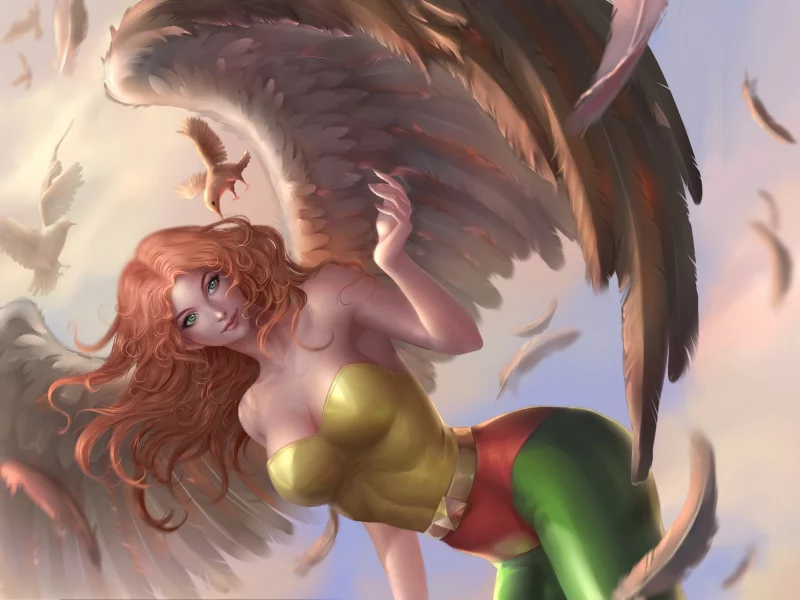 awkgirl, рлица, omics, девушка, взгляд, крылья, перья