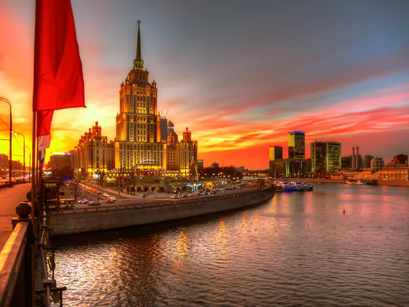 москва, город, россия, река, дома, вечер, закат, мост