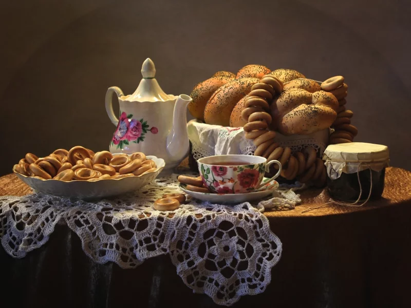 натюрморт, чай, сушки, булка, чайник