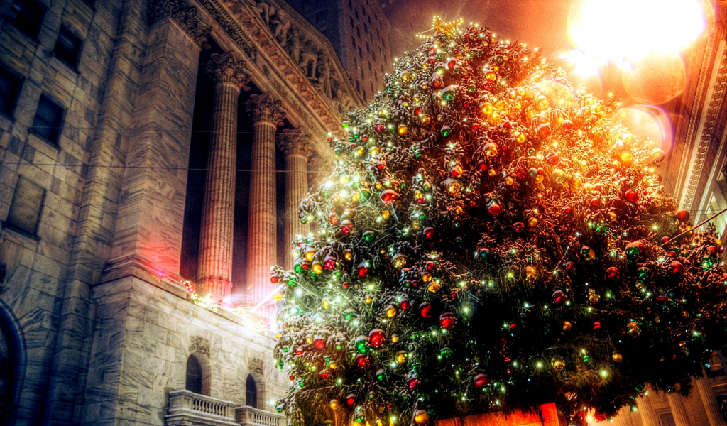 огни, здание, праздник, рождество, елка, новый год