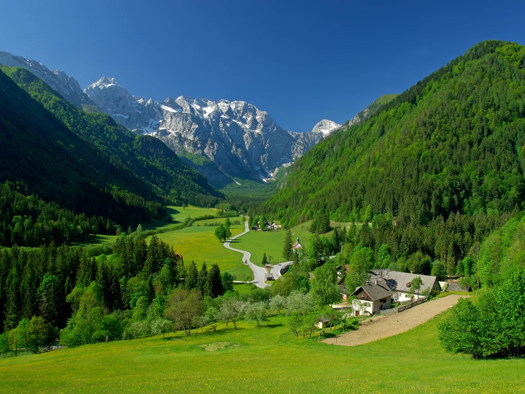 трава, горы, деревья, долина, весна, дома, зелень, альпы
