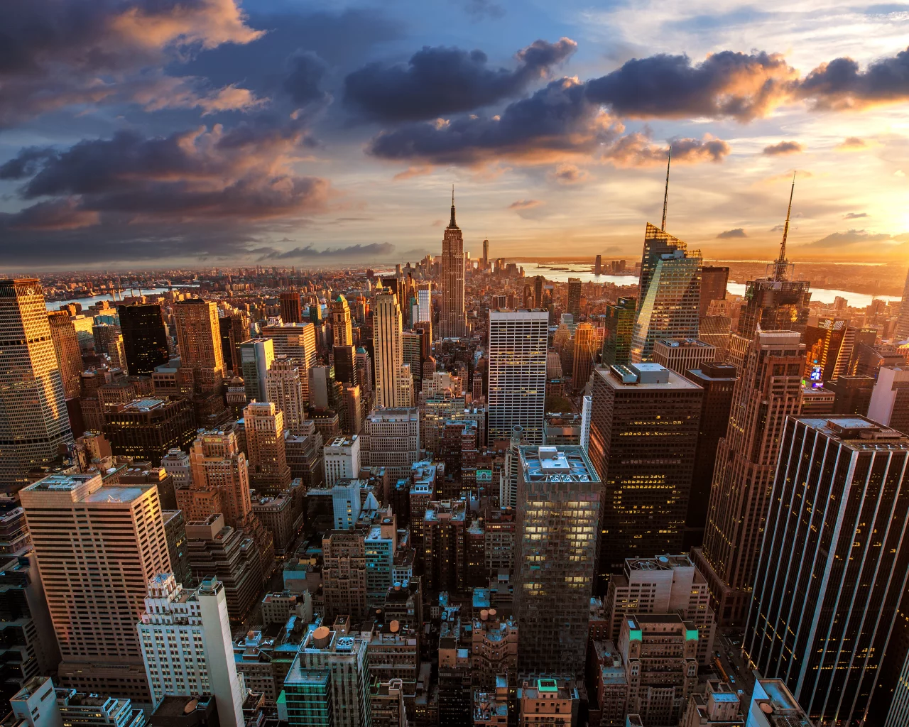 мегаполис, рассвет, город, небоскребы, rockefeller center