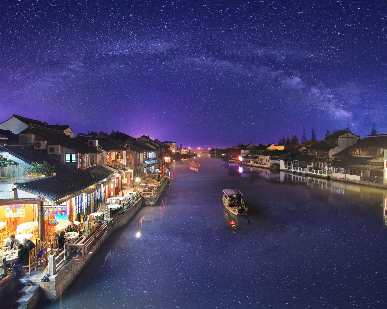 чжуцзяцзяо, город на воде, шанхай, китай, ночь, звёзды, млечный путь, город, отражение