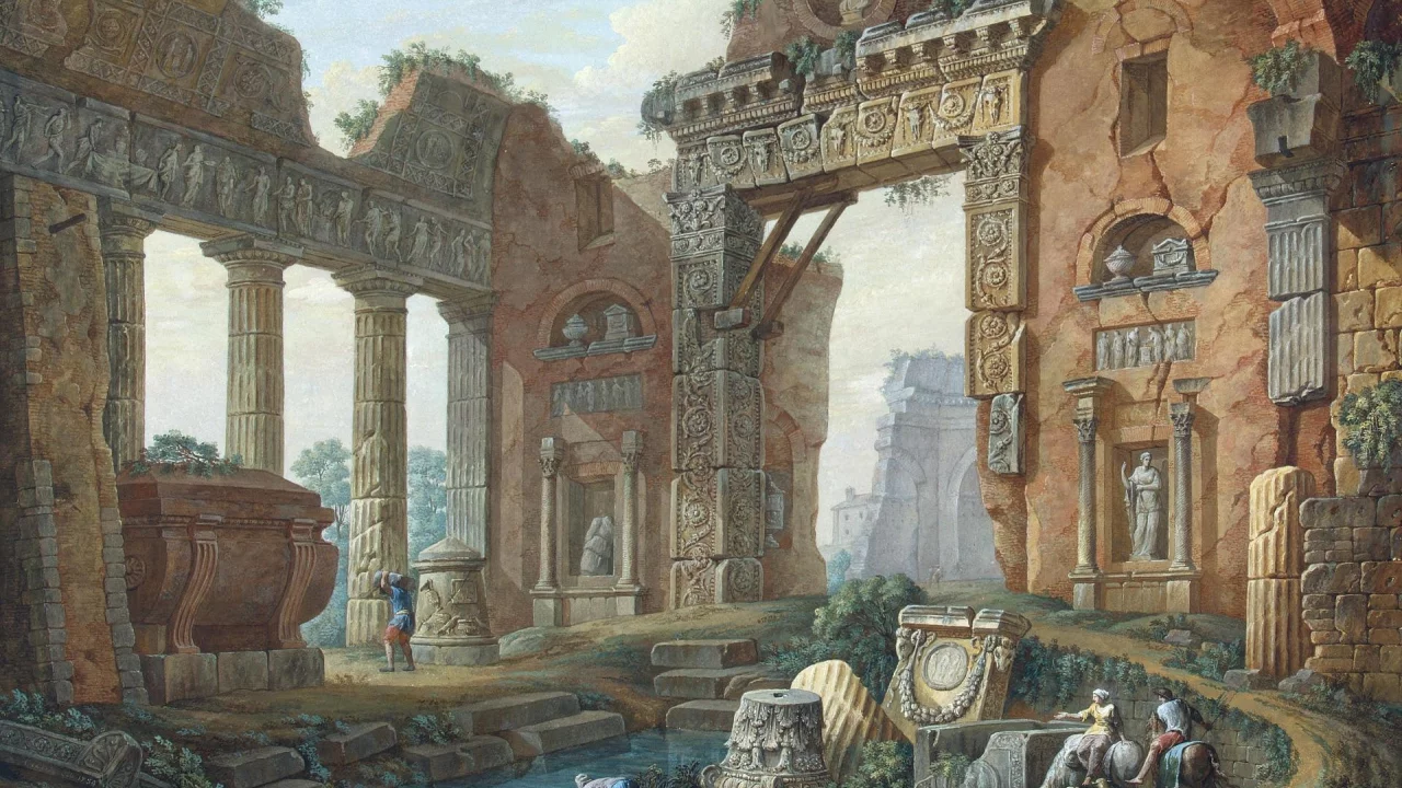 клериссо, шарль луи, рхиатектурная фантазия, картина, эрмитаж, архитектура, колонны, статуи, ворота, люди
