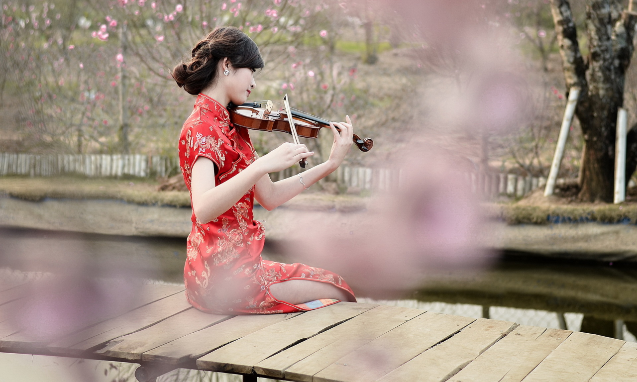 азиатка, девушка, скрипка