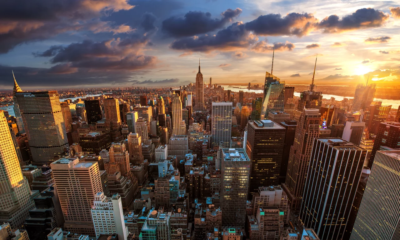 мегаполис, рассвет, город, небоскребы, rockefeller center