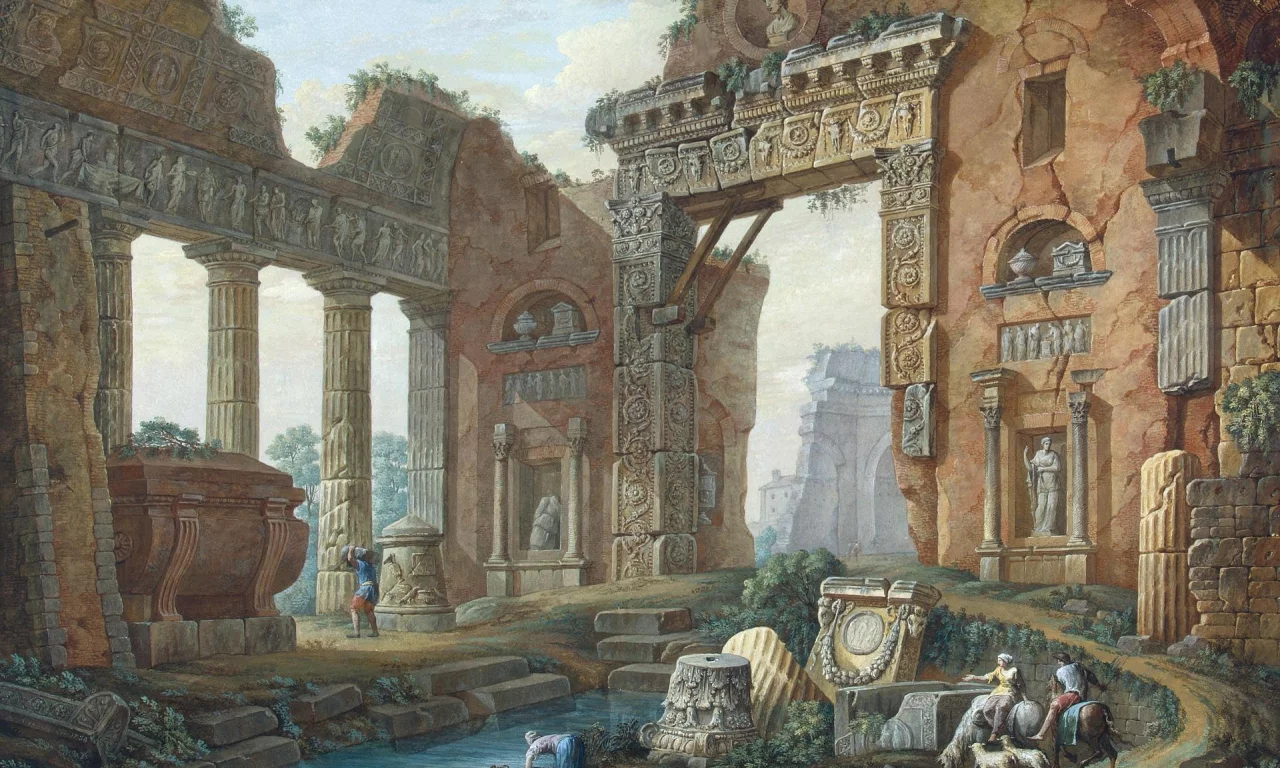 клериссо, шарль луи, рхиатектурная фантазия, картина, эрмитаж, архитектура, колонны, статуи, ворота, люди