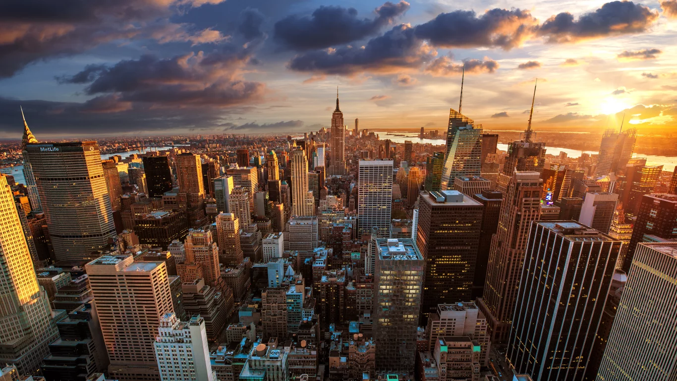 мегаполис, рассвет, город, небоскребы, rockefeller center