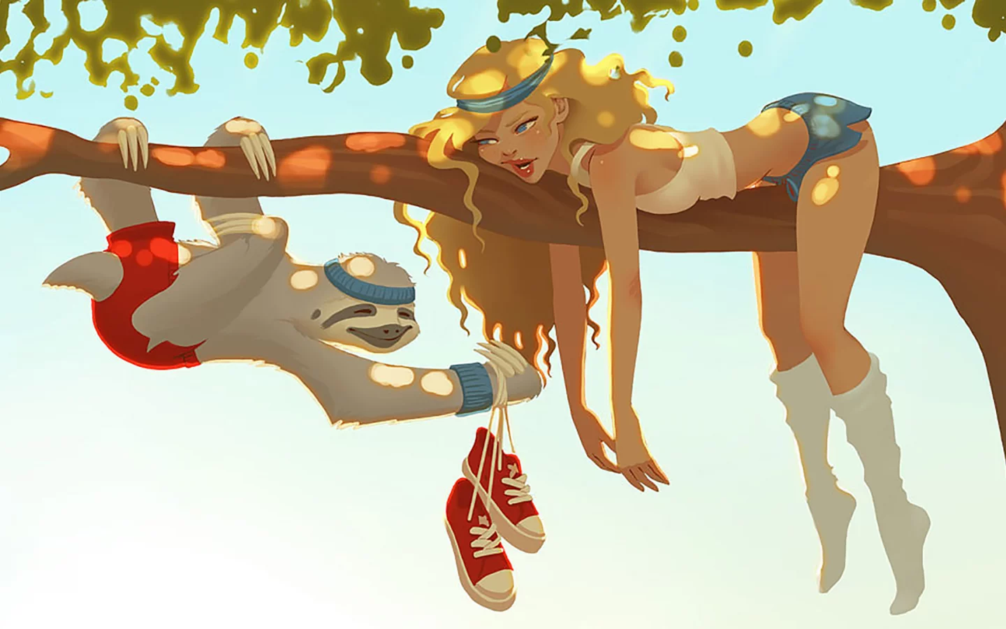 girl, smile, sloth, forest, sun, summer