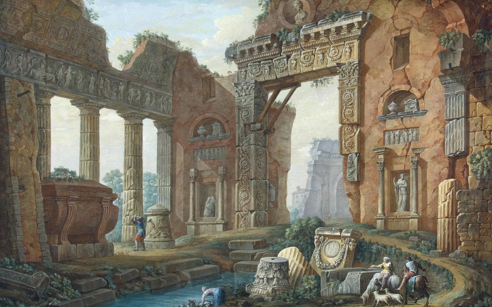 клериссо, шарль луи, рхиатектурная фантазия, картина, эрмитаж, архитектура, колонны, статуи, ворота, люди