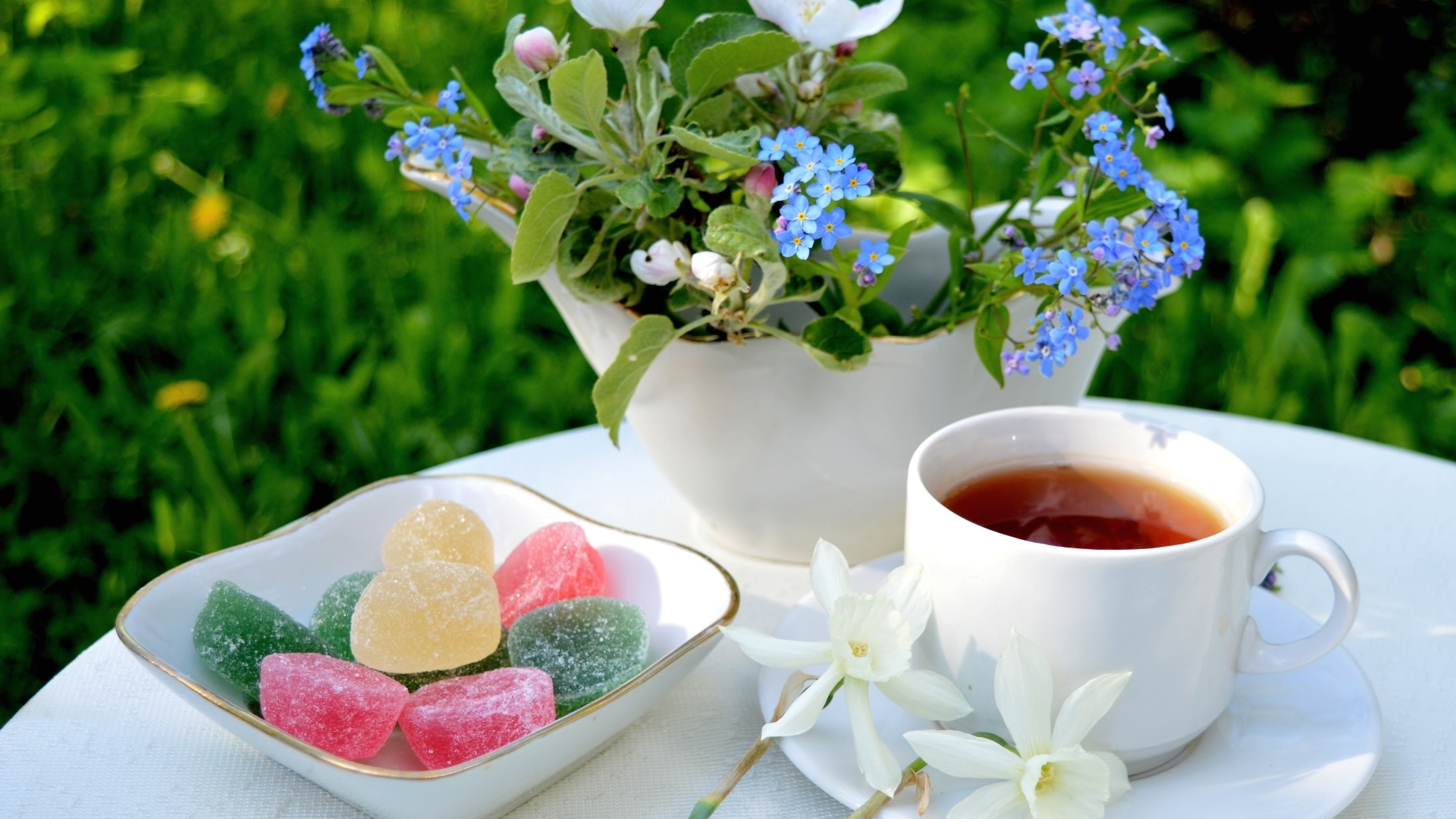 цветы, букет, чай, мармелад, незабудки, нарцисс, яблоня