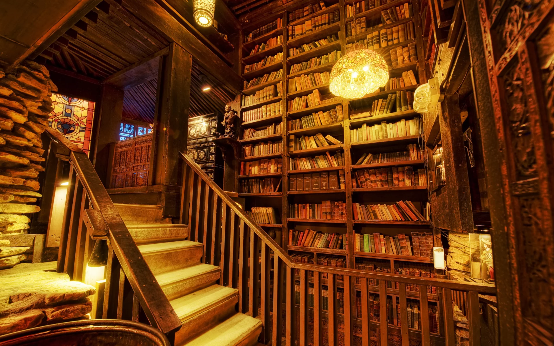 library, shelving, light, books, stairs