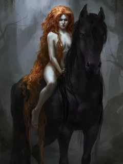 эротика, арт, девушка, взгляд, рыжие волосы, еди одива, животное, лощадь
